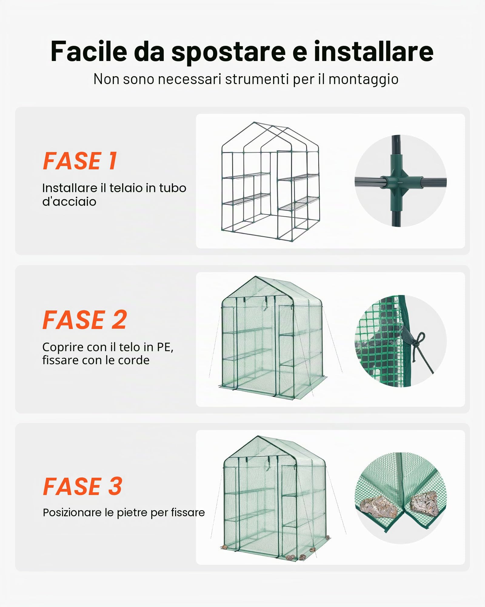 VEVOR Serra Portatile con Ripiani Telone in PE Porta Arrotolabile 141 x 141 x 200 cm Carico Massimo 15 kg da Giardino Cortile Terrazza Struttura Pieghevole, Serra con Ripiani per Piante Fiori Verdure
