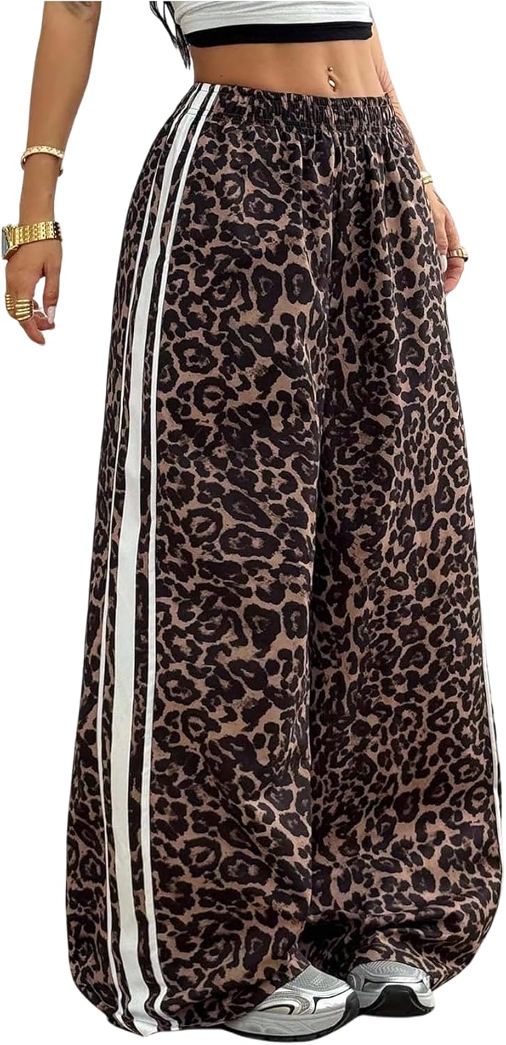Women's Cheetah Print Striped Casual Pants Elastic Waisted Wide Leg Leopard Trousers Y2k Streetwear