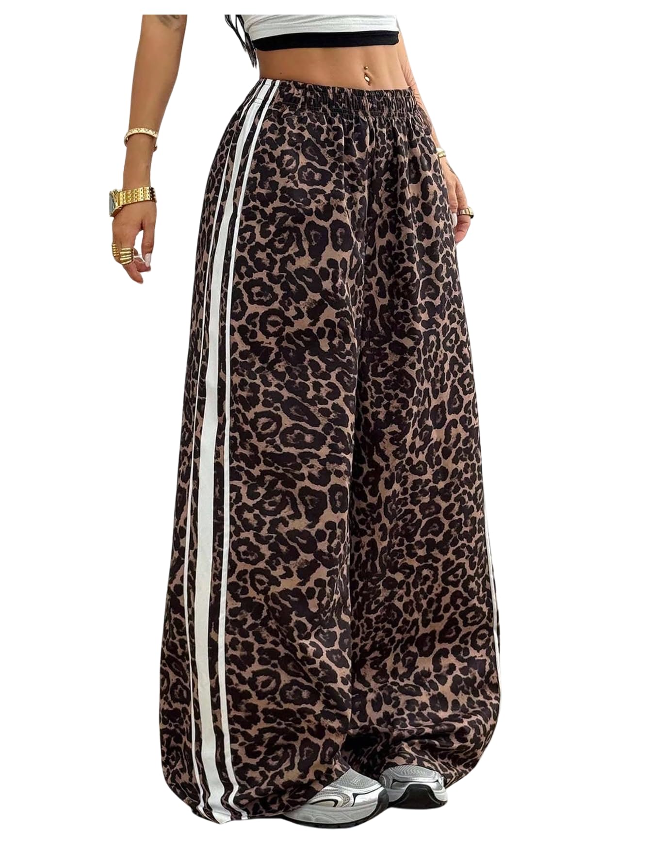 Womens Cheetah Print Striped Casual Pants Elastic Waisted Wide Leg Leopard Trousers Y2k Streetwear