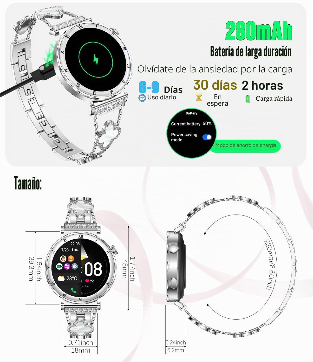 AMOLED Reloj inteligente para mujer, pantalla HD de 1.2", monitor de ritmo cardíaco/sueño, llamada Bluetooth, impermeable IP67, compatible con iOS y Android (plata elegante RT-i222)