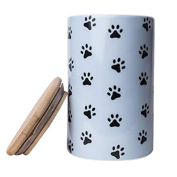 Cat and Dog Treat Container I Treat Jar for Dog Cookies Container for Dog Treat Jars for Kitchen Counter I Dog Treat Storage Container I Ceramic Cat Treat Jars for Food Canister Dog Biscuit Container - 1 Qt. Ceramic Treat Jar with Bamboo Lid (Pawz (Blue))