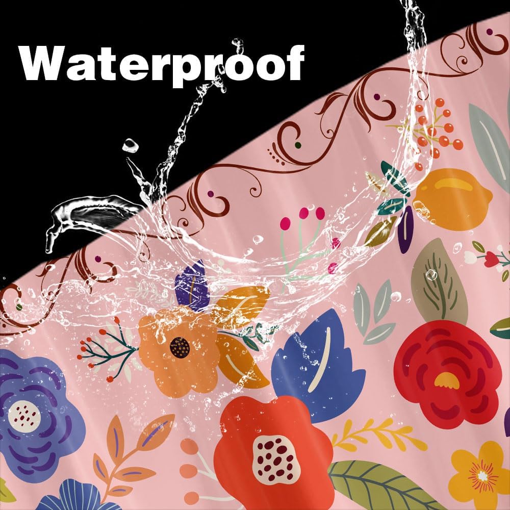 JAWO Floral Shower Curtain for Bathroom, Rustic Flower Bath Curtains Watercolor Girls Shower Curtains Flowered Shower Curtain Sets with Hooks Pink Floral Bathroom Decor Pink Shower Curtain, 69X84IN