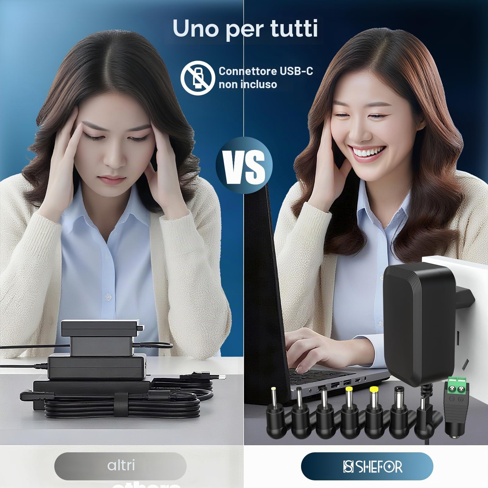Shefor Alimentatore 12V 2A, Adattatore AC DC Universale Driver Alimentazione 5,5mm con 8 Adattatori Spina DC per Elettronica LED Striscia Luminosa Telecamera CCTV Router Monitor LCD e altro, 24W Max