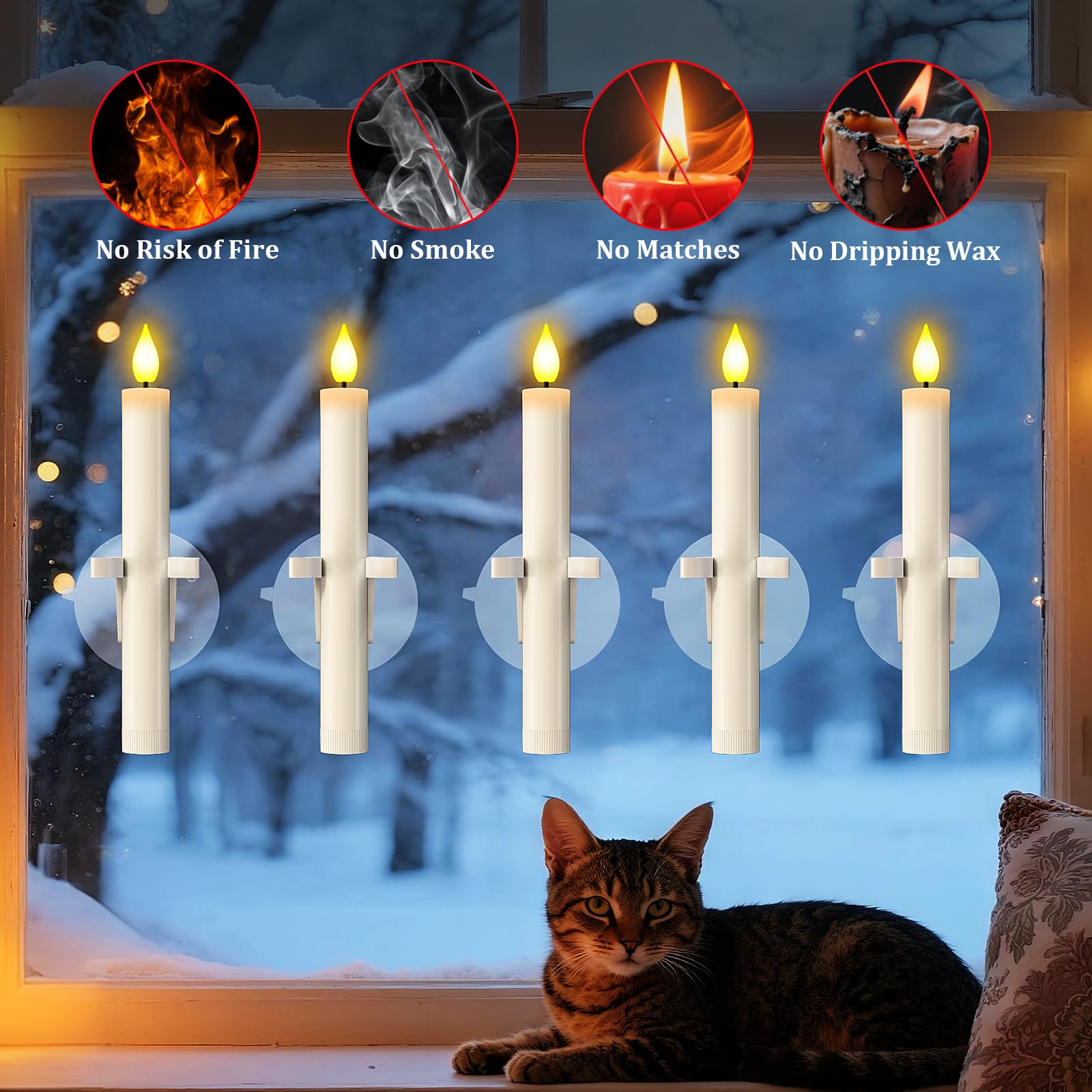 Ymenow Świece prętowe LED z czujnikiem zmierzchu, 10 sztuk elektrycznych świec z czujnikiem światła Dusk to Dawn i przyssawki, bezpłomieniowe świece prętowe na Halloween, okno, kominek, Boże