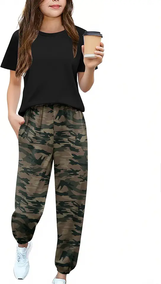 Arshiner Girls 2 Piece Outfits Fashion Clothes Short Sleeve Tops and Jogger Pants Kids Tracksuit Sweatsuits Set