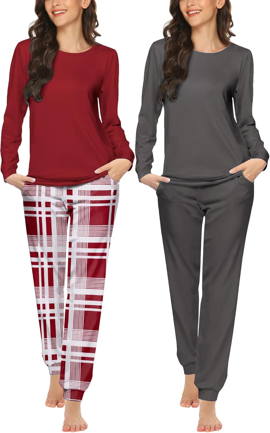 Ekouaer 2 Pack Women's Pajama Set Long Sleeve Top With Jogger Pants Lounge Sets Sleepwear Loungewear with Pockets