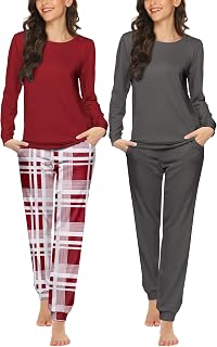 Ekouaer 2 Pack Pajama Sets for Women,Long Sleeve Top Jogger Pant Loungewear
