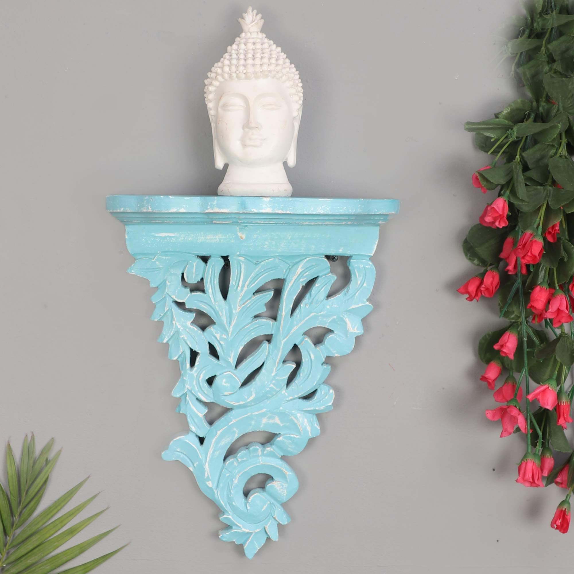 The Urban Store Decorative Wooden Corbels Shelf Brackets with Rustic Solid Wood Contemporary and Modern Shelf Bracket with Distressed Sky Blue Finish (TUSWD53)