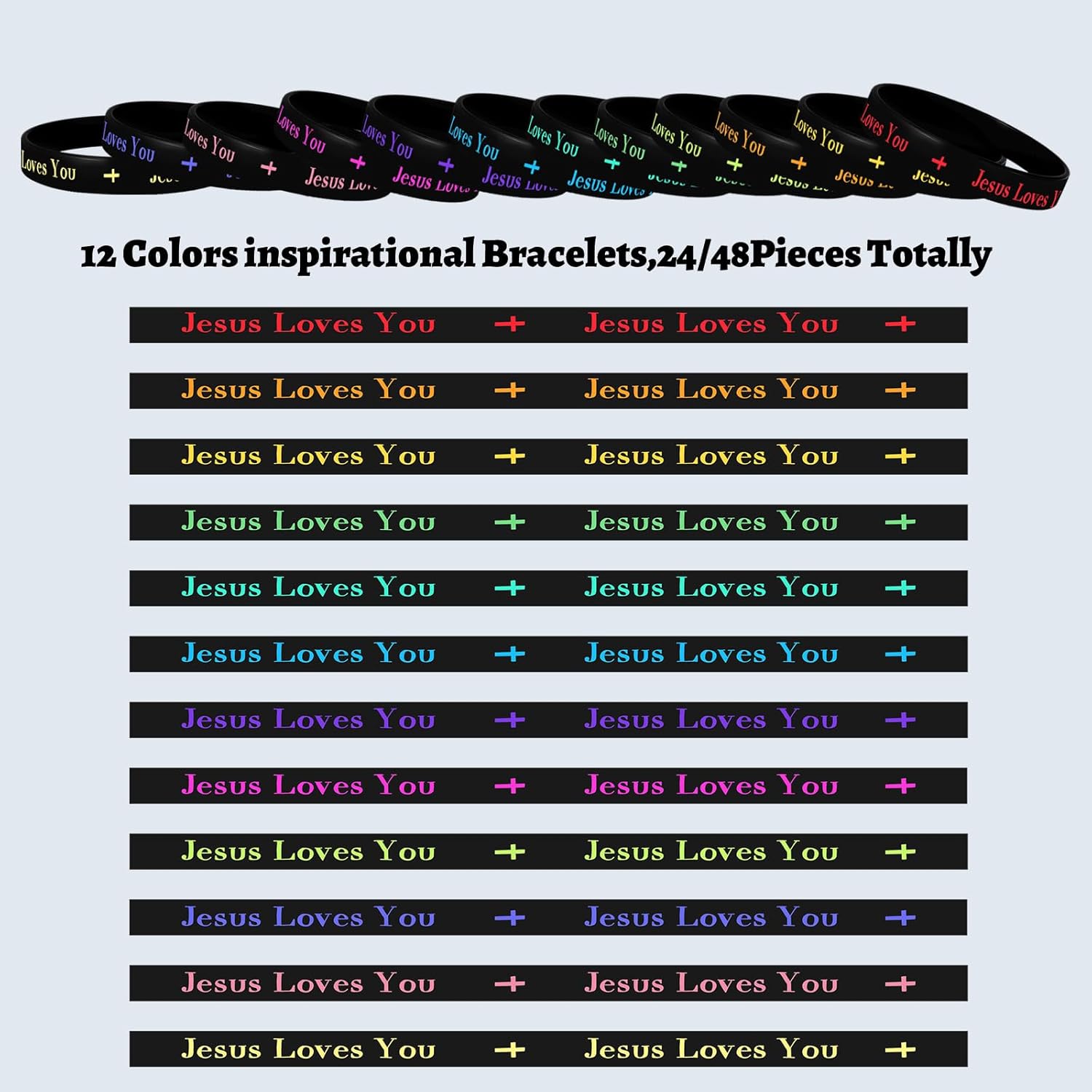 48Pcs Jesus Loves You Silicone Bracelets Colorful Jesus Bracelets Bulk Inspirational Christian Wristbands with Motivational Rubber Bands for Adults Teens Church Gifts (Black) - Image 3