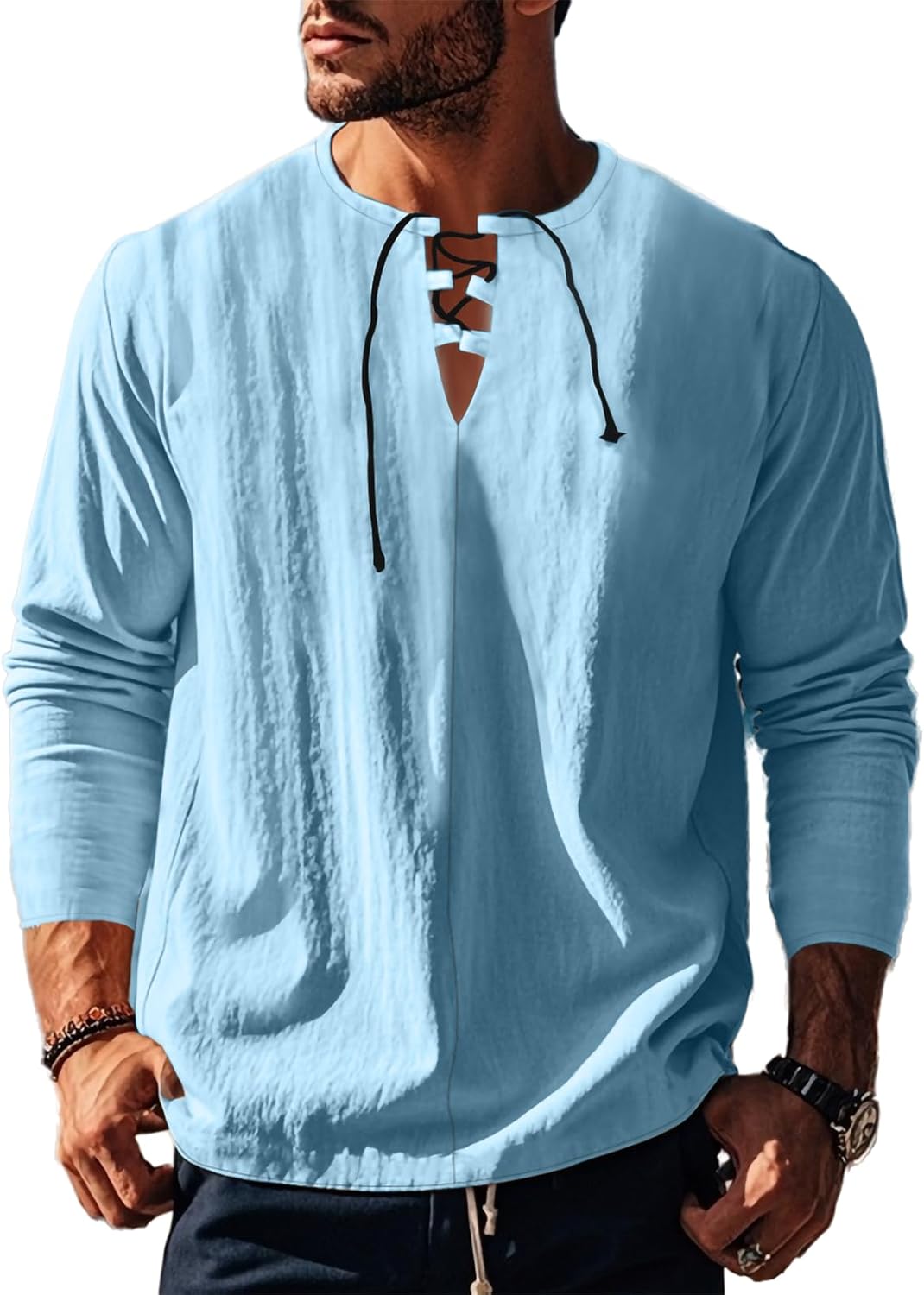 Men's Shirts Summer Autumn 2025 Cotton Loose V-Neck Solid Color Vacation Beach Breathable Binding Strap Tops