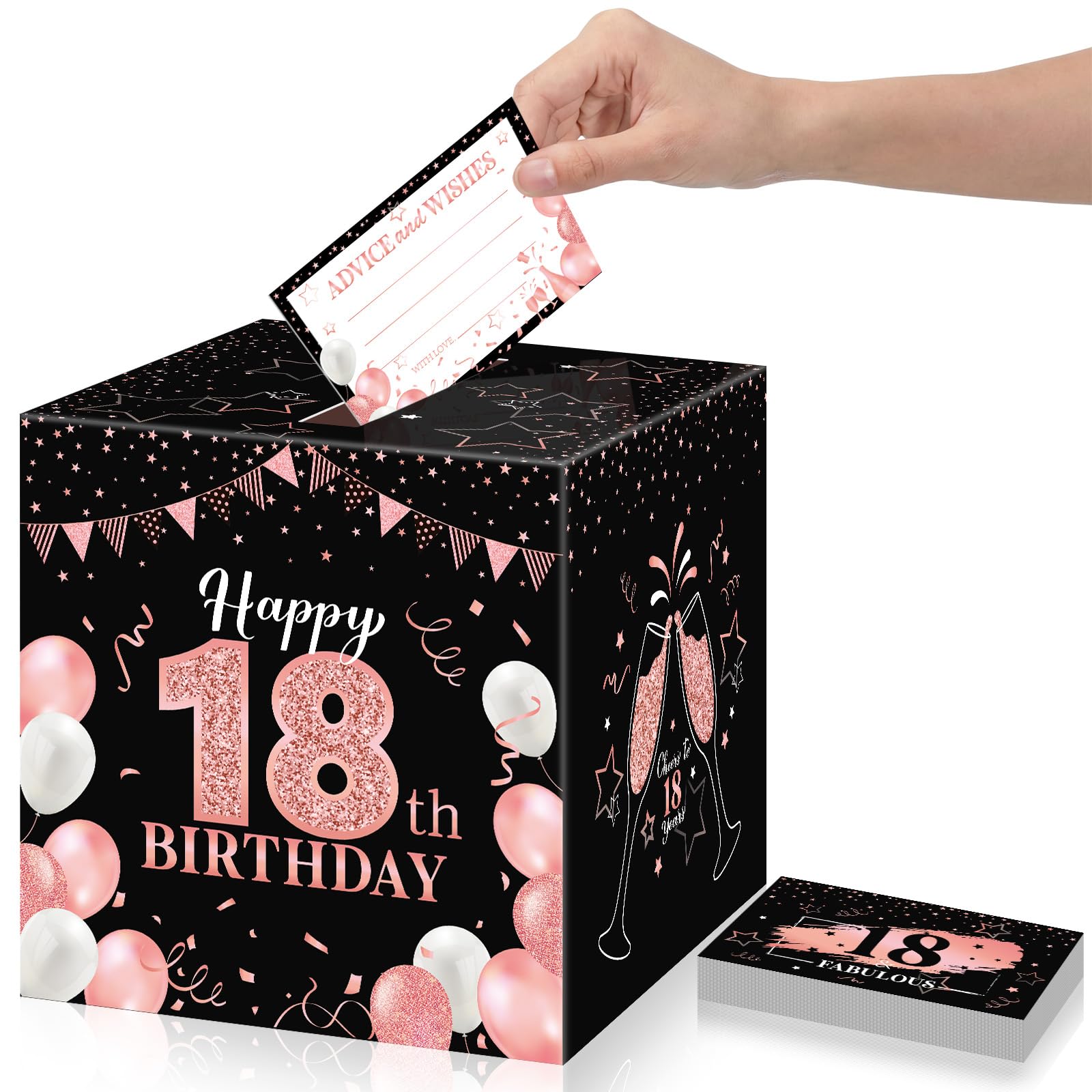 Funrous 18th Birthday Party Message Card Box Cheers to 18 Years Black Rose Gold Advice and Wishes Greeting Card Box for Girls Women Birthday Decorations Party Supplies Anniversary Tables Sign Decor