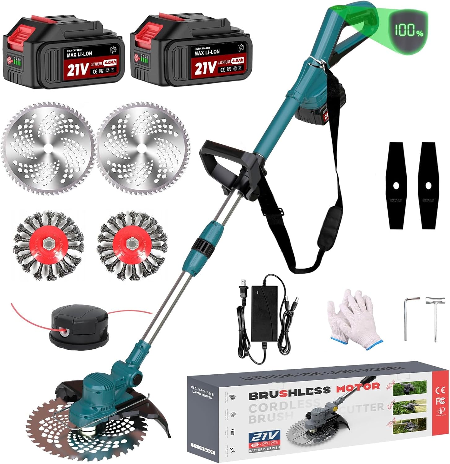 Cordless Weed Wacker, 21V Electric Weed Wacker, 750W Brushless Motor String Trimme, Weed Eater Battery Powered with 2pcs 4.0Ah Batteries & Charger, Grass Trimmer Weed Trimmer Lawn Mower, Blue