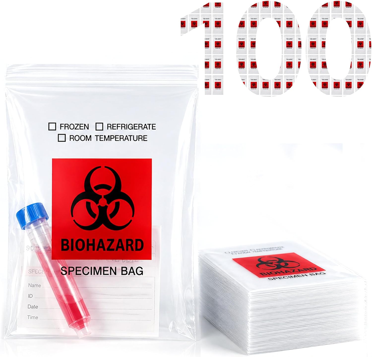 Biohazard Specimen Bags 6x9, Lab Sample Bags with Outer Pouch, 100-Pack | Reclosable seal bag with red biohazard logo. Features outside pocket for paperwork. Ideal for lab sample storage.