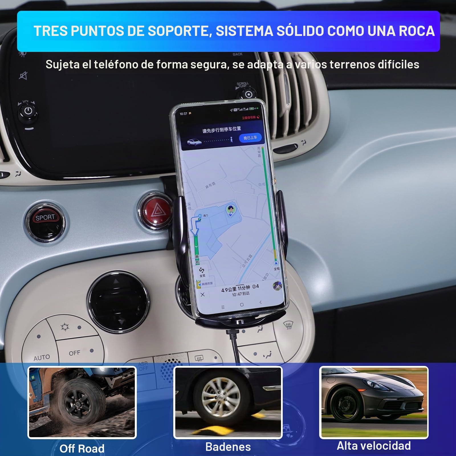 Soporte para teléfono móvil de coche compatible con Fiat 500 2016-2024, consola central, soporte de teléfono móvil de rotación de 360° (estilo C carga inalámbrica)