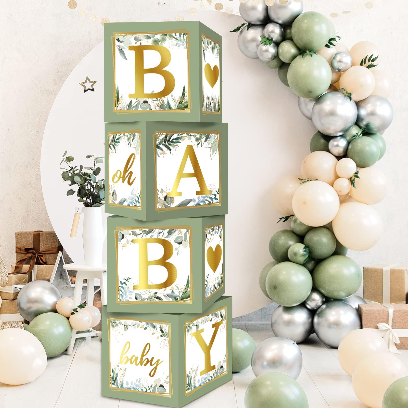 RUBFAC Sage Green Baby Box with Letter for Baby Shower, 4 Pcs Safari Baby Shower Decorations for Boys Girls Balloon Box Gender Reveal Baby Shower Birthday Party Favors