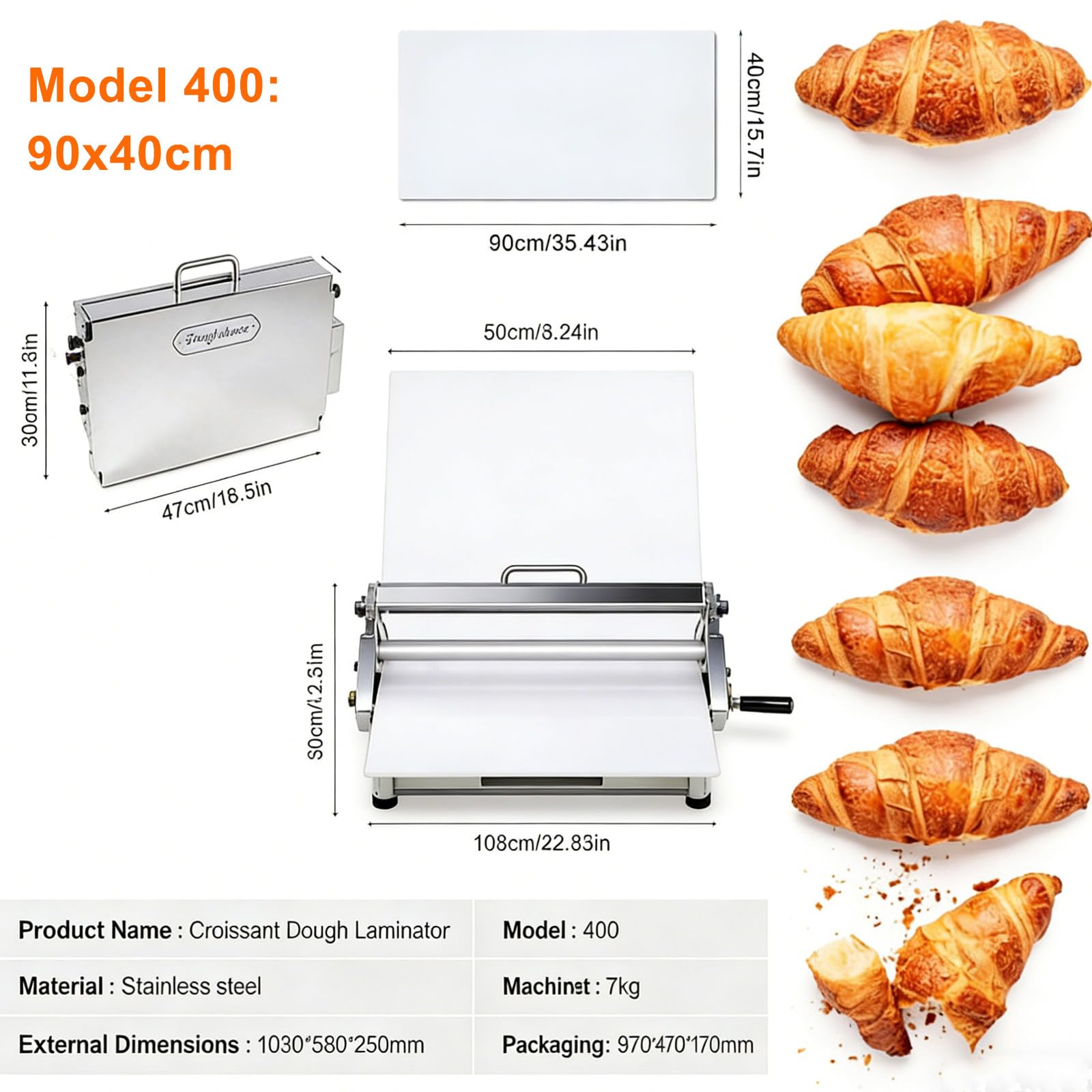 Máquina laminadora de Masa Manual, Rodillo Plegable de Acero Inoxidable con Grosor Ajustable, Prensa de Masa compacta para hojaldre, Masa de Pizza, Croissants y Productos de panadería 35×16"