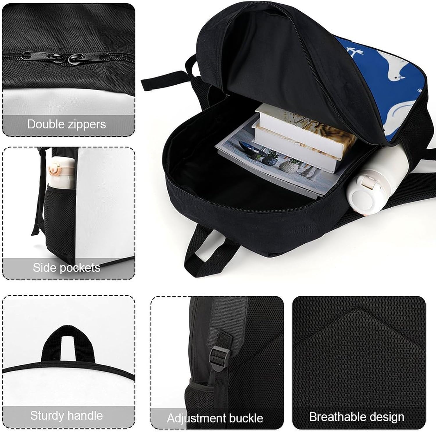 White Doves on Blue Unisex Backpack 17" Casual Daypacks Simple Shoulders Bag for Camping Hiking Travel Gear