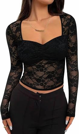 REORIA Womens Sexy Sheer Mesh Tops Floral Lace Long Sleeve Shirts Low Cut Slim Fitted Outfits See Through Going Out Blouses