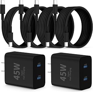 QZIIW Super Fast Charger Type C,2 Pack 45W Dual Port USB C Fast Charger Block & Extra Long 60W 3/3/6/6FT USB C Cable - PD Quick Charging 3.0 for Galaxy S25 Ultra/S24+/S23,iPhone 17 16 15 Pro Max
