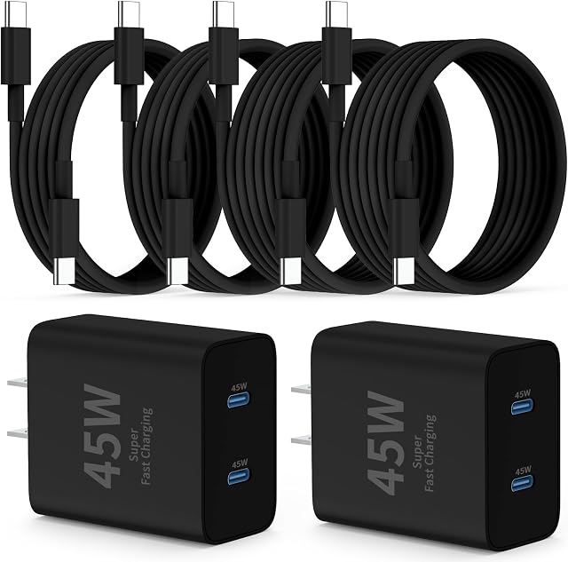 QZIIW Super Chargeur rapide de type C,paquet de 2 45W Double port USB C Bloc du chargeur rapide & Extra-long 60W 3/3/6/6FT USB C Câble - PD Chargement rapide 3.0 pour Galaxy S25 Ultra/S24+/S23,iPhone 17 16 15 Pro Max
