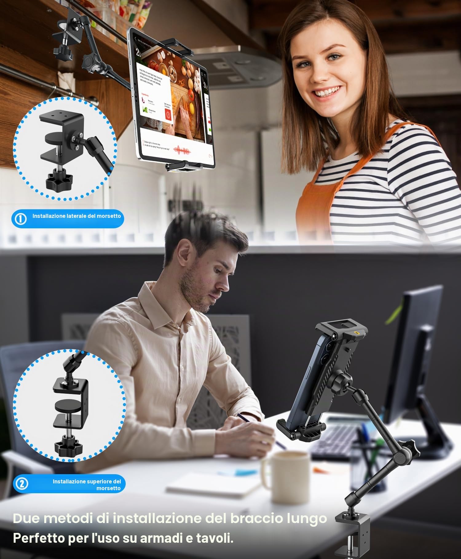 Supporto Tablet Cucina Scrivania - Adatto per Tavolo e Mobile | Supporto Tablet Banco con Braccio Metallico Regolabile per iPad Pro 12.9 Air Mini, Galaxy Tab Ultra, Switch, 6-14.6"
