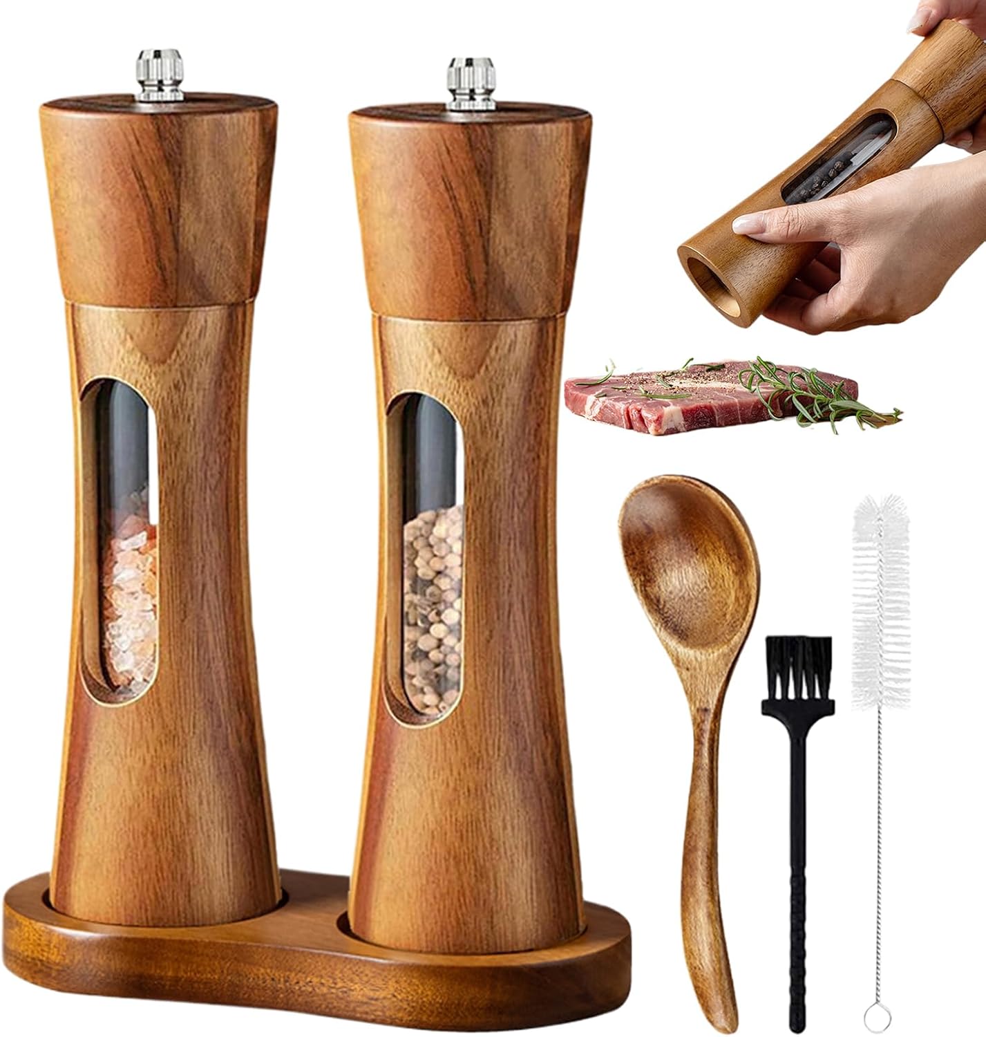 Pepper Grinder Manual, Wooden Salt & Pepper Mill with Ceramic Rotor & Spoon, Grinding Tool for Kitchen Seasoning Ideal for Home Restaurant Camping Picnic and Cooking During Meals and Gatherings