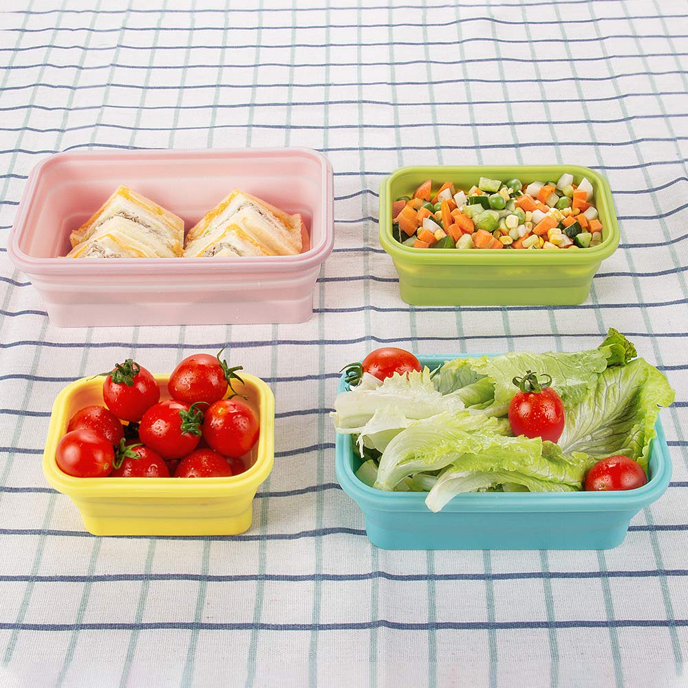 Silikonowy Składany Pojemnik na Lunch 4 pak silikonowe pudełko na lunch pudełko piknikowe na zewnątrz, oszczędność miejsca (Kolor jasny o2)