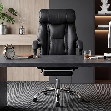 Ergonomic High Back Executive Office Chair with Footrest, Comfortable Leather Computer Chair with Adjustable Height, Black Reclining Gaming Chair