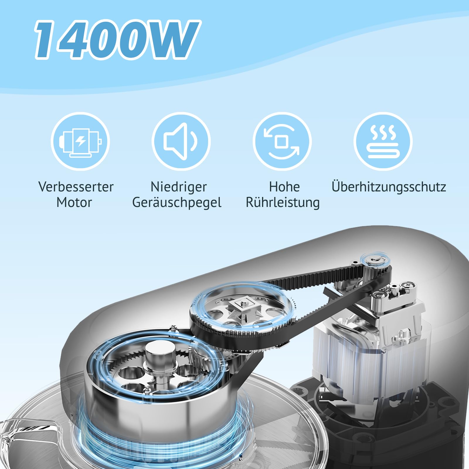 Kitchen in the box Küchenmaschine, 6,2 L Knetmaschine 1400 W, 6 Geschwindigkeits Teigmaschine mit Rührhaken, Knethaken, Schneebesen, Schwarz