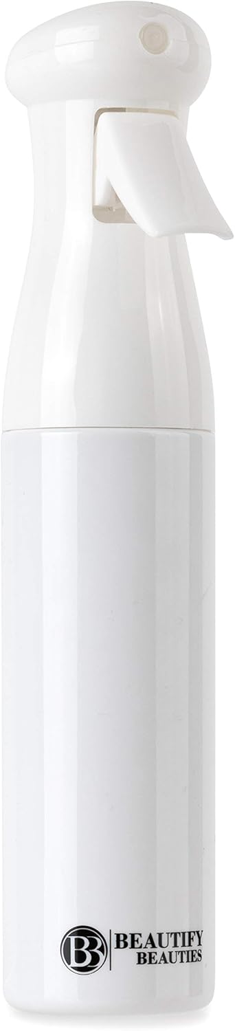 BeautifyBeauties Hair Spray Bottle (10oz) – 360 Ultra Fine Water Mister for Cleaning, Hairstyling, Plants, Misting & Skin Care – Continuous Aerosol Free Trigger Mist Sprayer Bottle (White) (1)