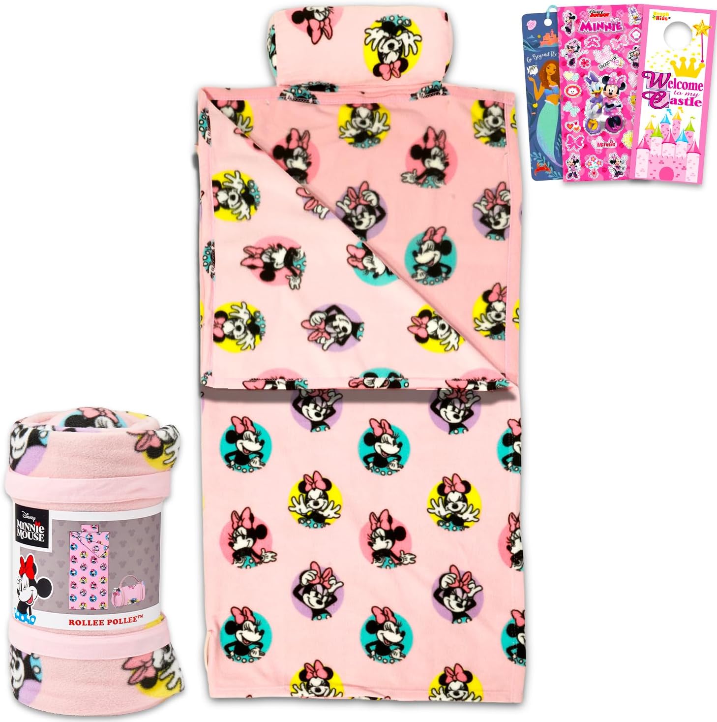 Minnie Mouse Sleeping Bag Set - Bundle with Soft Disney Slumber Bag with Pillow Plus Stickers, More for Kids, Girls | Minnie Sleeping Bag 27" x 55"