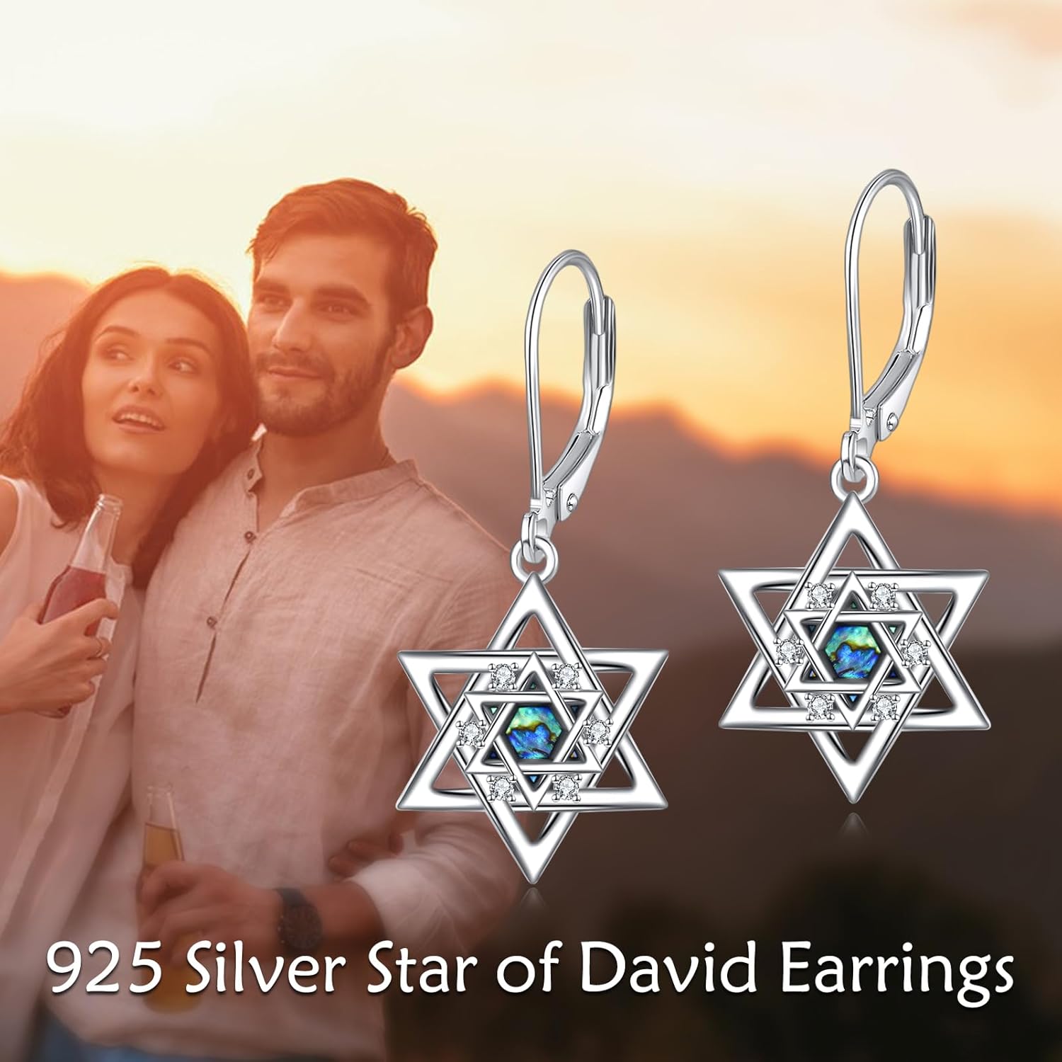 TIGER RIDER Star of David 925 Sterling Silver Jewish Dangle Earrings Abalone Jewelry Gift for Women Men