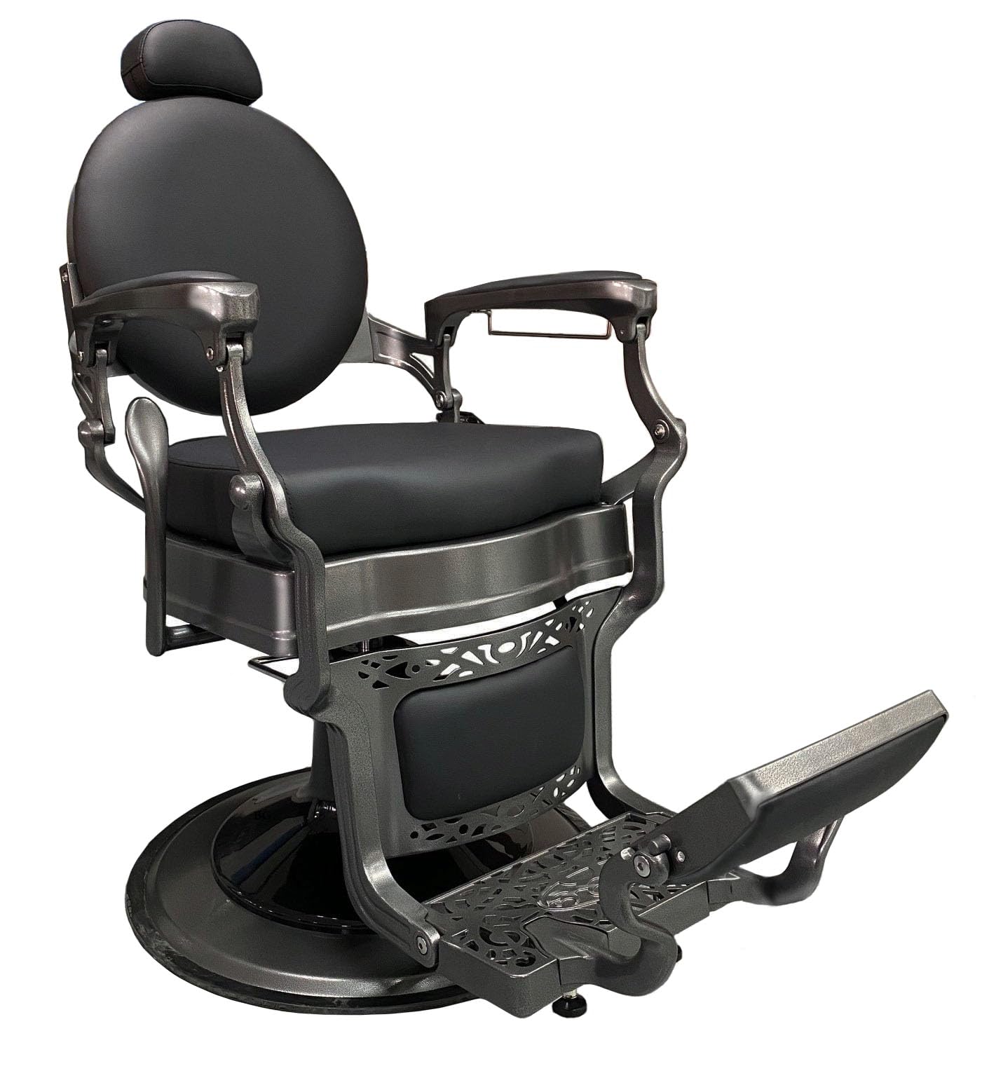 Sillón de barbero Lyon en Color Negro con chasis Gris. Silla de barbería reclinable con Cabezal Extraible. Base Redonda con Bomba hidráulica Ajustable en Altura, rotación y Freno.