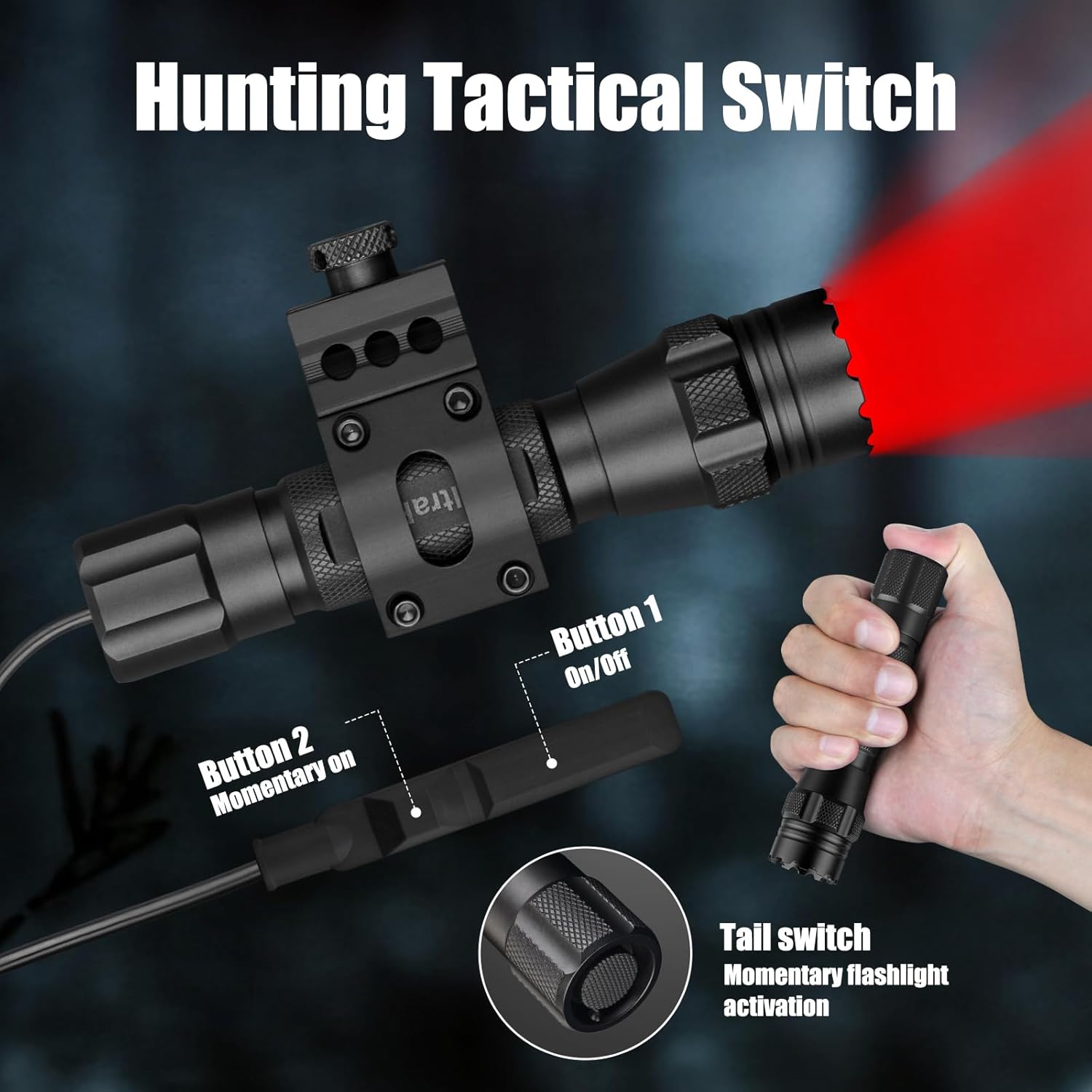 ULTRAFIRE Tactical Red Flashlight, 620nm-630nm High Purity Red LED Hunting Light,Super Bright 218 Yards Long Range Single Mode for Night Observation & Coyote Predator (T1 Ultra-R)