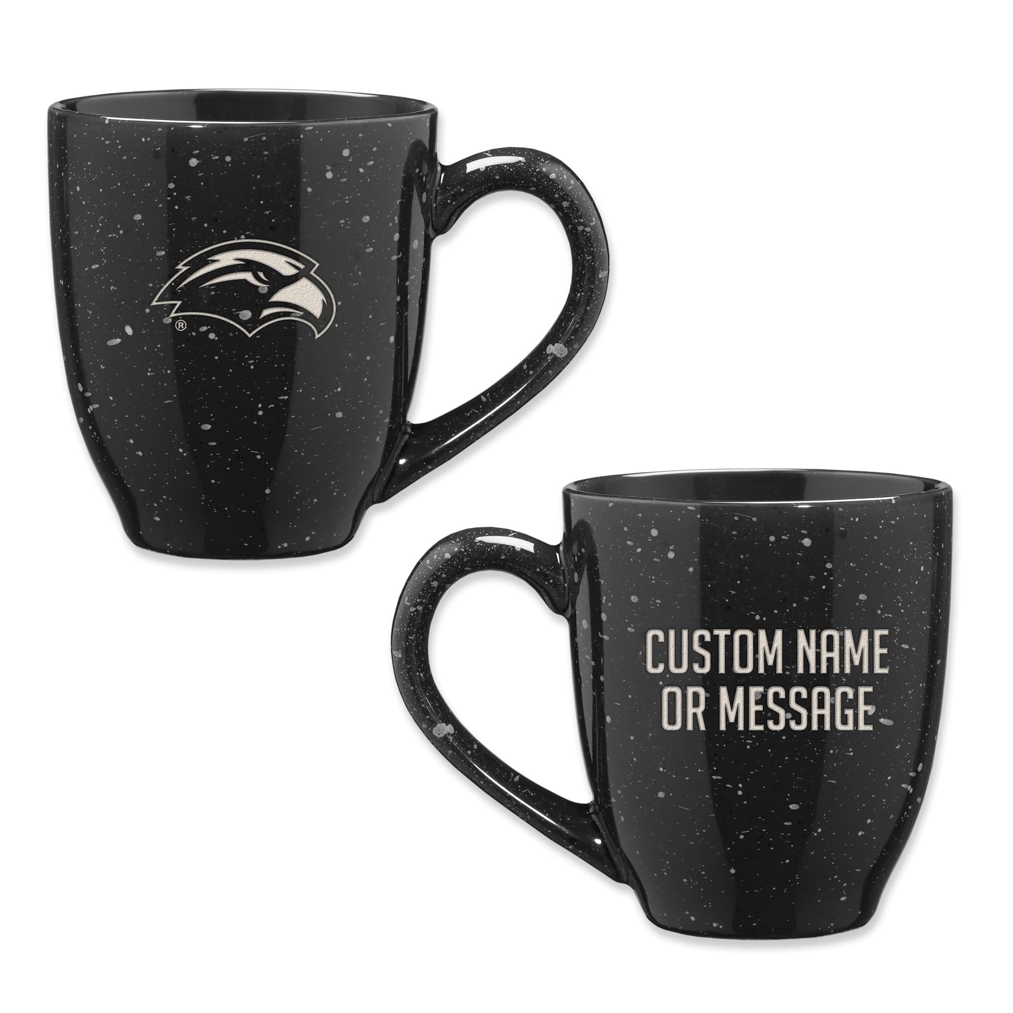Rico Industries NCAA Southern Mississippi Golden Eagles Black Personalized 16 oz Team Color Laser Engraved Speckled Ceramic Coffee Mug