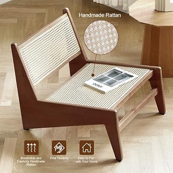 homary Mid Century Modern Chairs Set of 2, Japandi Walnut Rattan and Wood Lounge Chairs Armless Accent Chair for Living Room Bedroom Balcony & Patio
