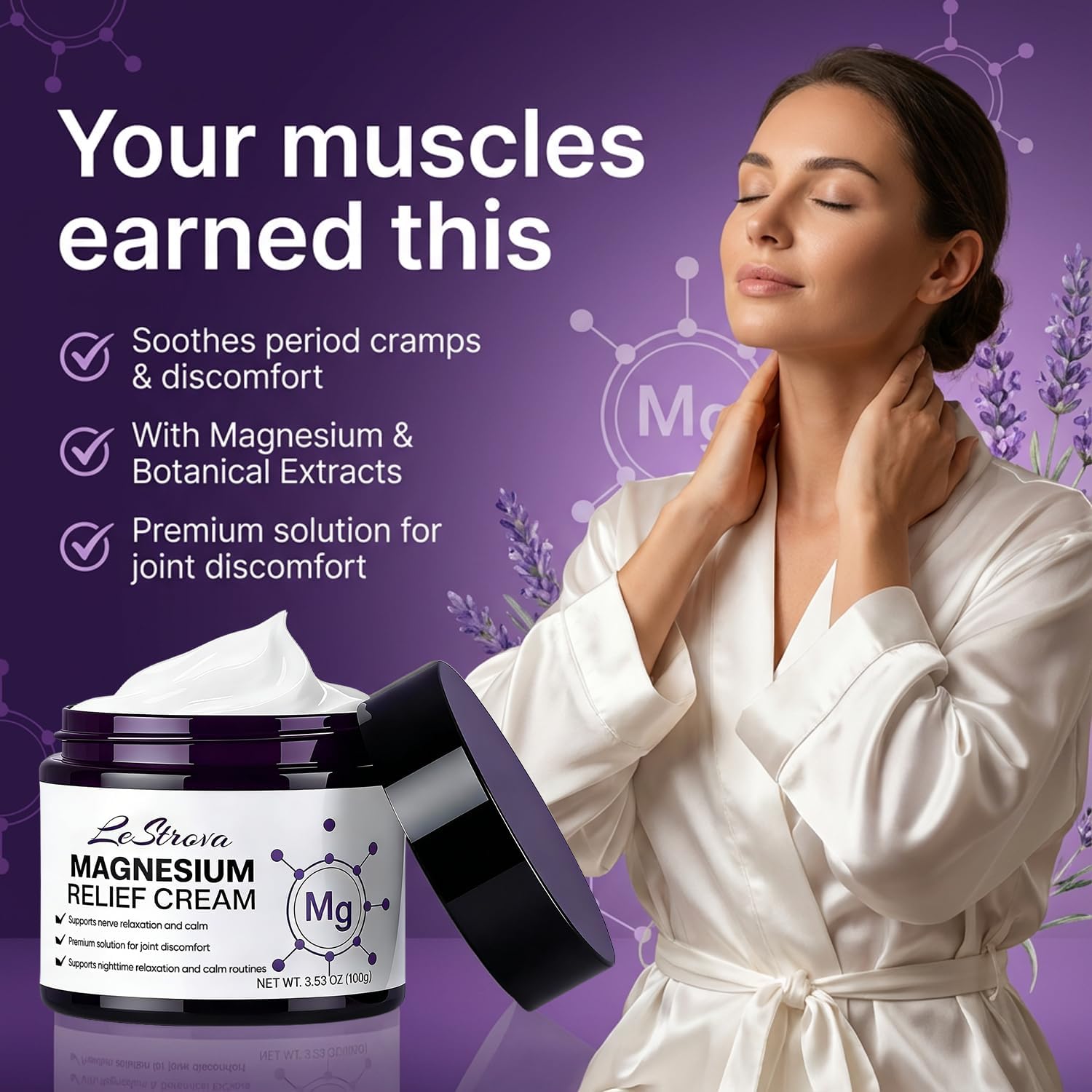 LeStrova Relief Magnesium Cream, Magnesium Cream for Pain with Peppermint & Turmeric Blend, Comfort & Relaxation Body Lotion for Daily Massage, Suitable for All Skin Types.