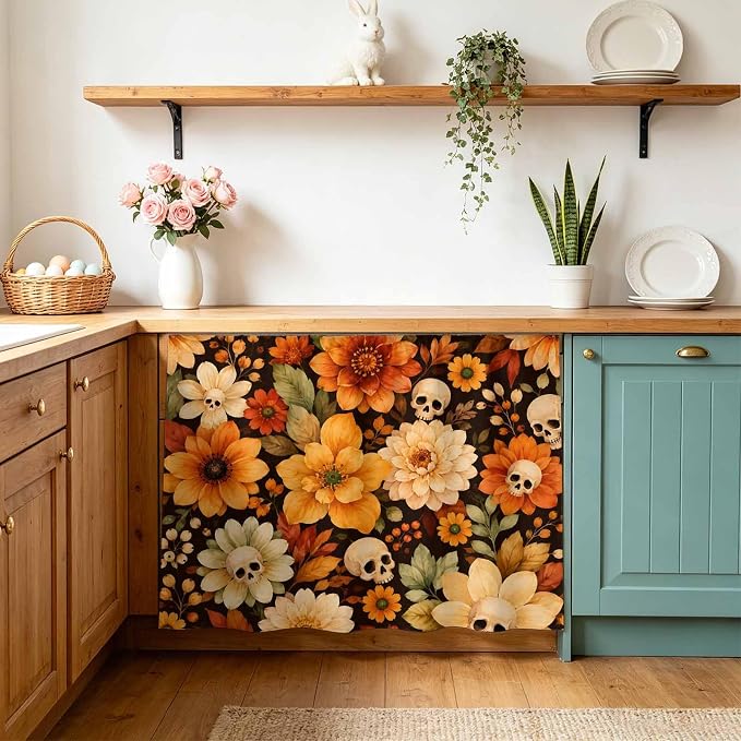 Día De Los Muertos Cabinet Curtains for Kitchen, Vintage Beige Skulls Orange Marigold Flowers Shelf Curtain for Mini Storage Cabinets, Cabinet Curtain with Magic Tape, 11