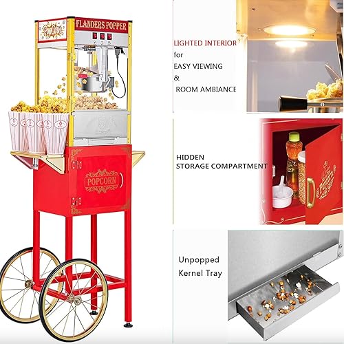 Miniatura 2 de Máquina de palomitas de maíz de 8 onzas con carrito  3 galones por lote, estilo vintage profesional para hacer palomitas de maíz estilo teatro con