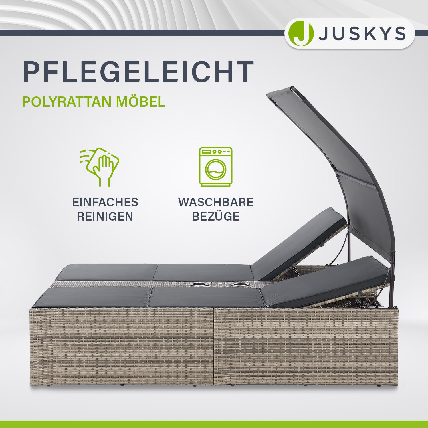 Juskys Polyrattan Doppelliege Syros - Garten Sonnenliege für 2 Personen - Outdoor Liege mit Dach & Auflagen - Kopfteil verstellbar - Grau-meliert