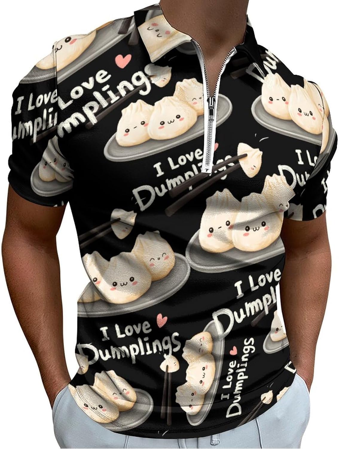 I Love Dumplings with Chopsticks Men's Polo Shirts Golf Short Sleeve Tops | Casual Workout,Golf T-Shirt,Zippered Tee,Collared,Print