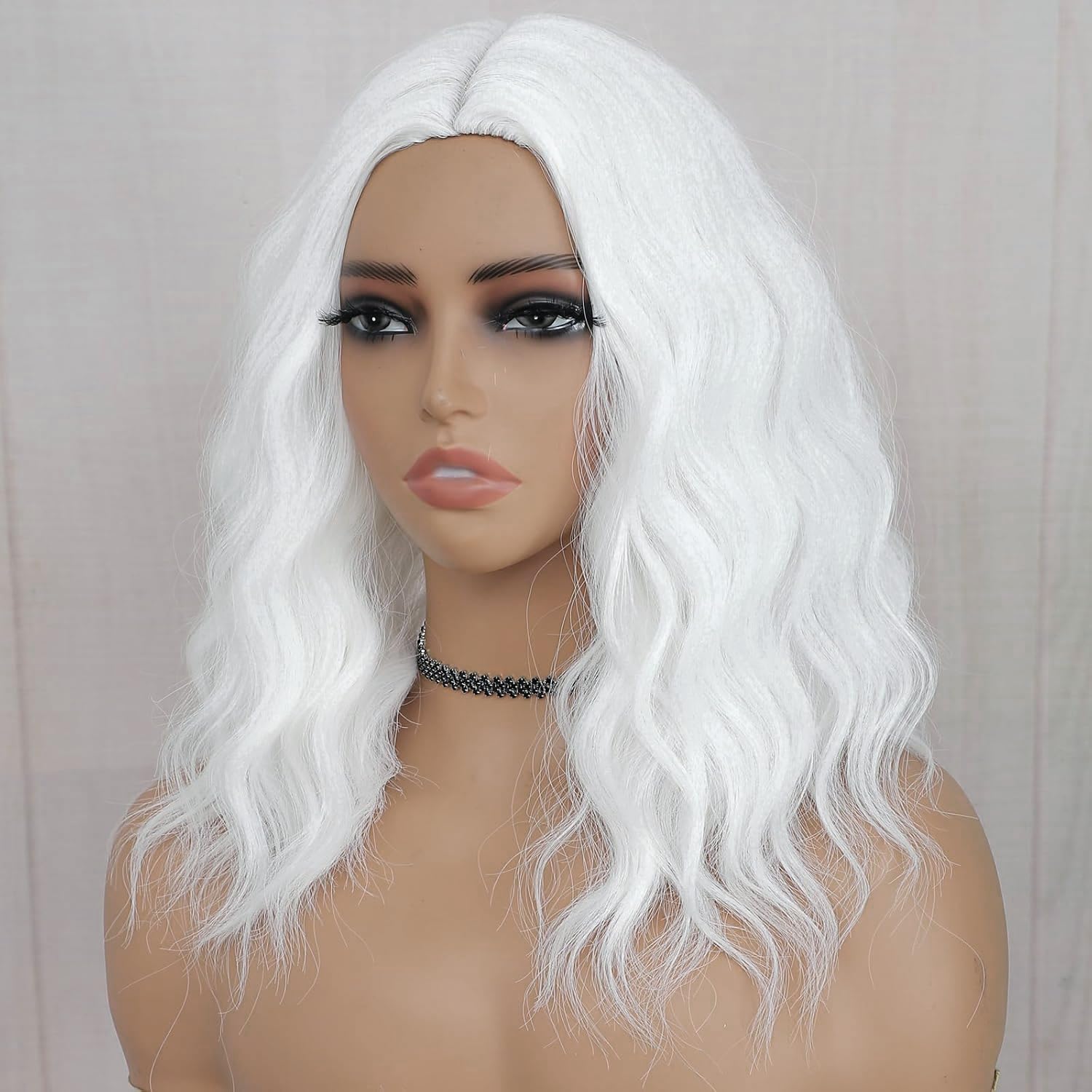 PORSMEER White Wigs for Women Middle Part Short Curly Wavy Bob Wigs for Halloween Cosplay Party Use Heat Resistant Synthetic Hair Wig - Image 2