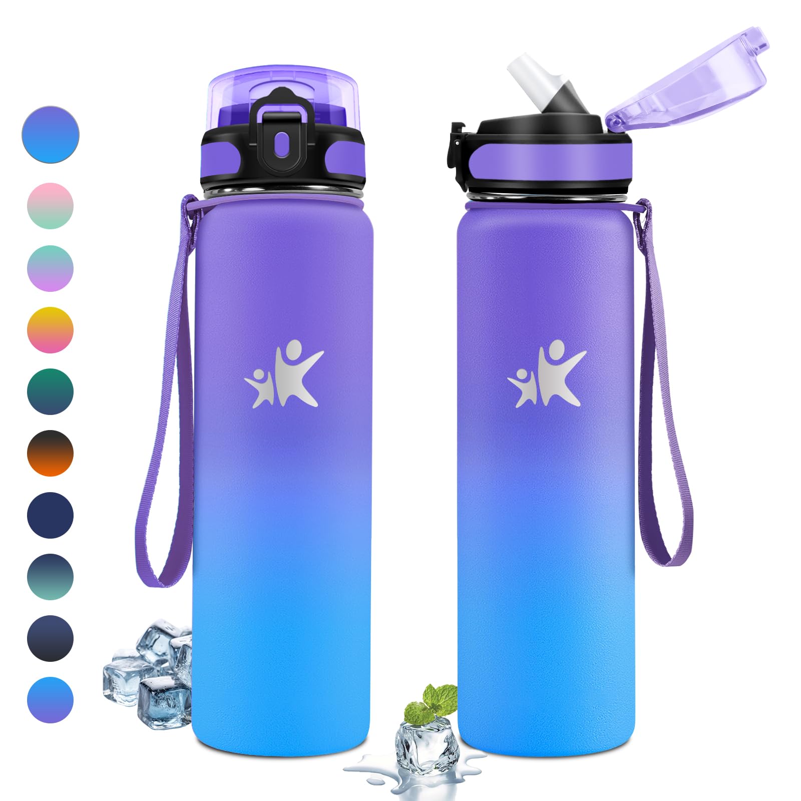 KollyKolla Borraccia Termica 1 Litro, a Prova di Perdite, Borracce Termiche con Cannuccia, Riutilizzabile, Bottiglia Acqua Termos senza BPA, Borraccia per Bambini, Adulto, Campeggio, Ciclismo