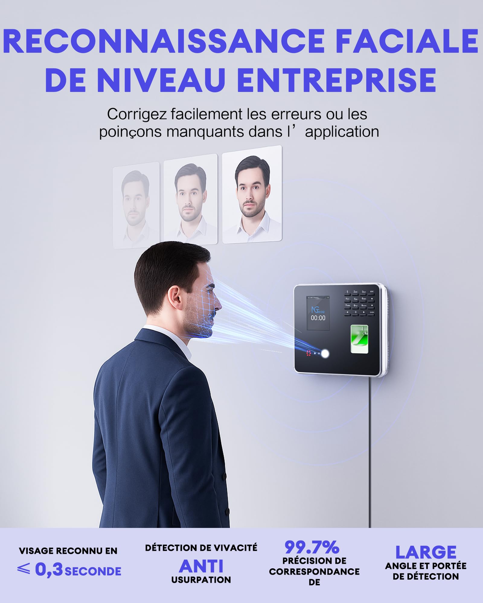 NGTeco Pointeuse Horaire Personnel MB2,WiFi badgeuse d'entreprise avec Visage, Empreintes Digitales, RFID et Codes PIN, Machine de pointage pour iOS/Android Apps (English)