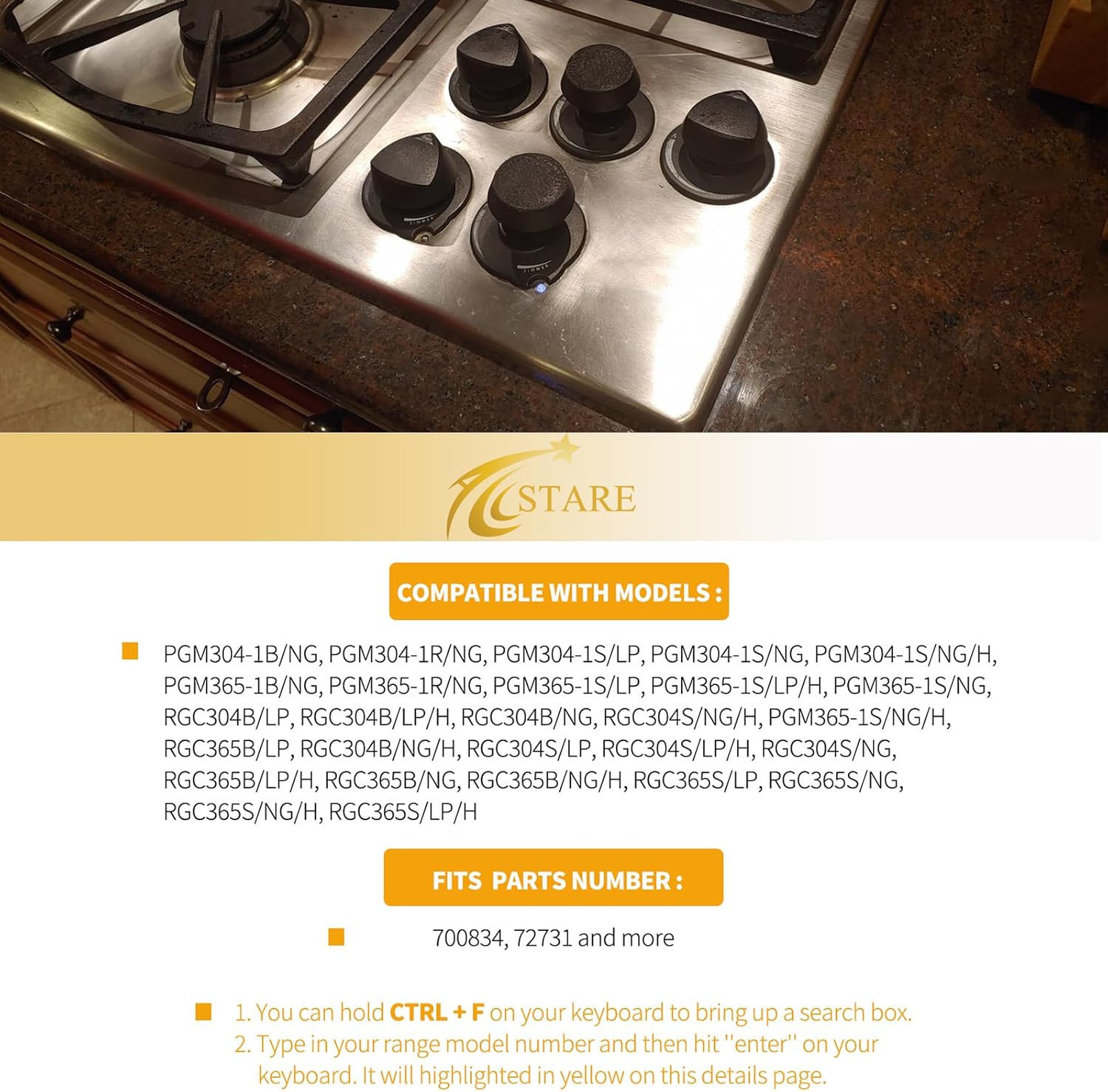 Allstare 72731 700834 Cooktop Knobs Replacement Parts for Dacor Stove Parts PGM365 Dacor Gas Stove Top Knobs Dacor Gas Range Cooktop Parts Burner Control Knobs 5 Pcs