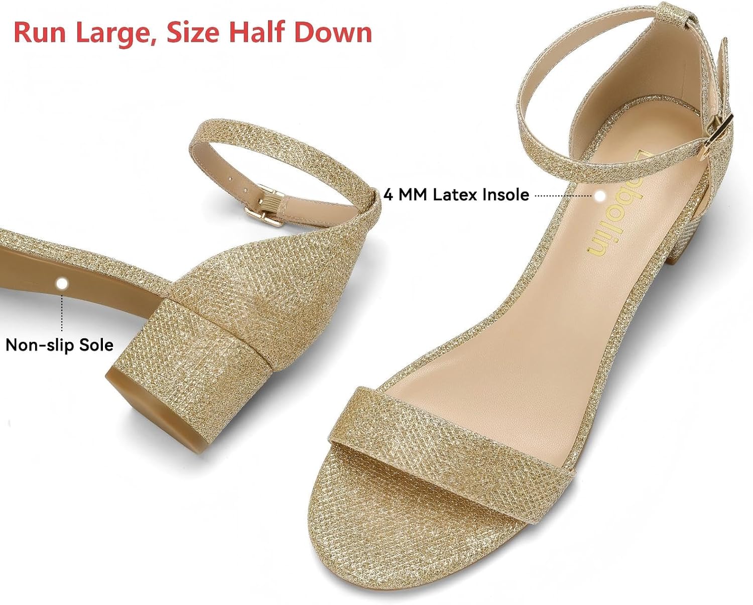 DOBOLIN 1.8 Inch Gold Women's Heeled Sandals Low Block Womens Dress Shoes image 5