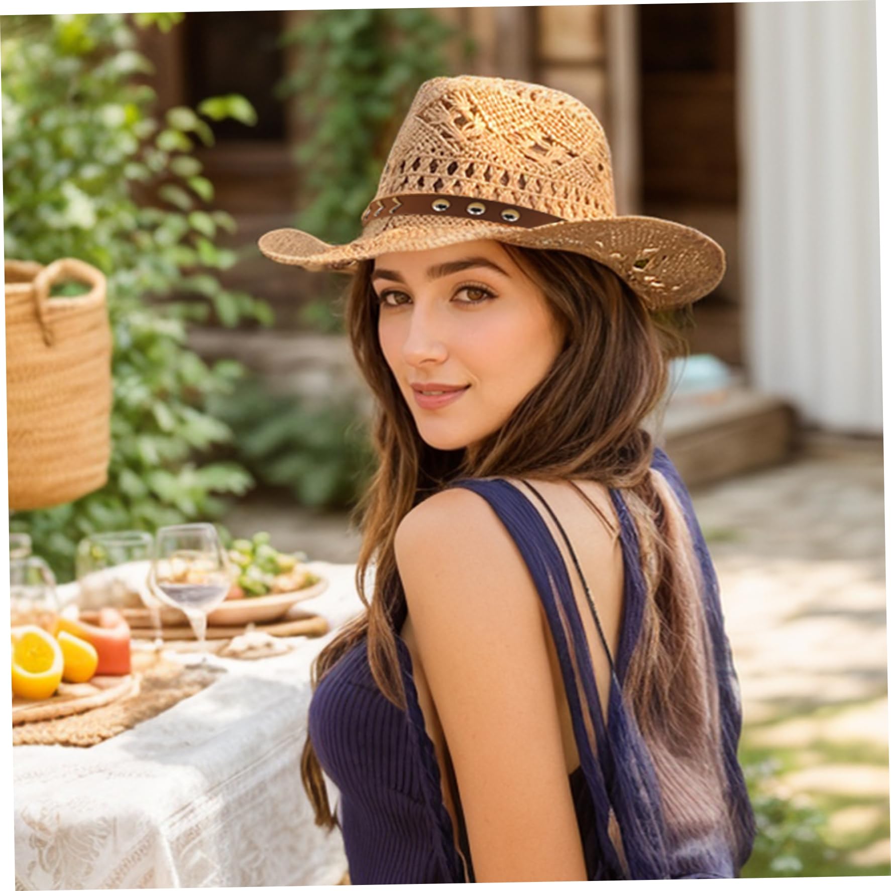 Sombrero de Vaquero para Mujer ala Ancha Bloque UV Caqui | Paja suave y transpirable, se adapta a hombres y mujeres, ideal para viajes de senderismo al aire libre
