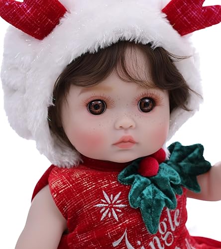 Miniatura 2 de Muñecas Reborn Baby  Muñeca realista de vinilo de 18 pulgadas con pelo rizado marrón, pecas pintadas a mano y acogedor traje de asta de Navidad para