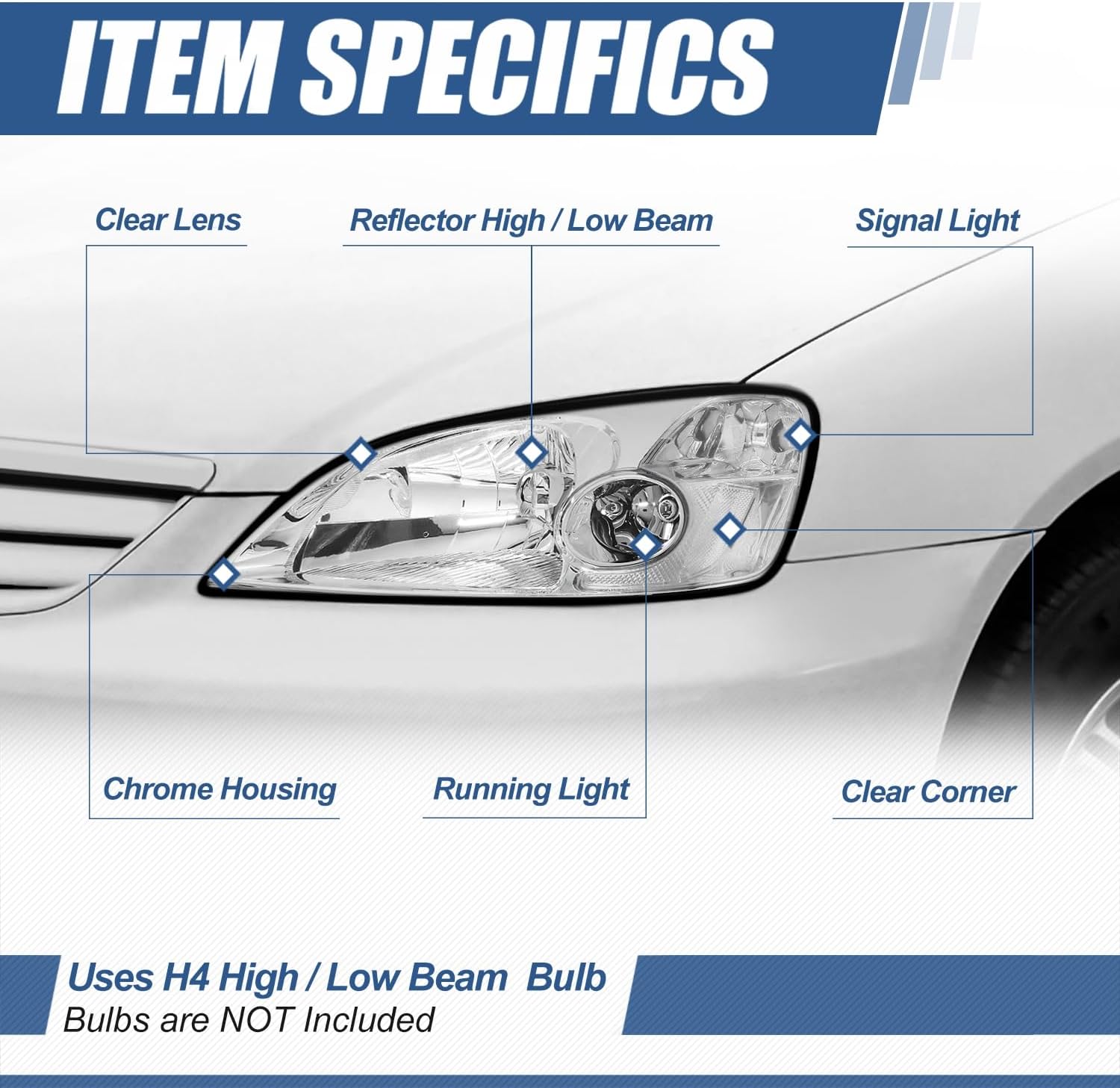 Auto Dynasty Headlights Assembly Compatible with 2001 2002 2003 Honda Civic Coupe/Sedan, Driver and Passenger Side Halogen Headlamps Replacement, HO2519102 HO2518102, Chrome Housing Clear Corner