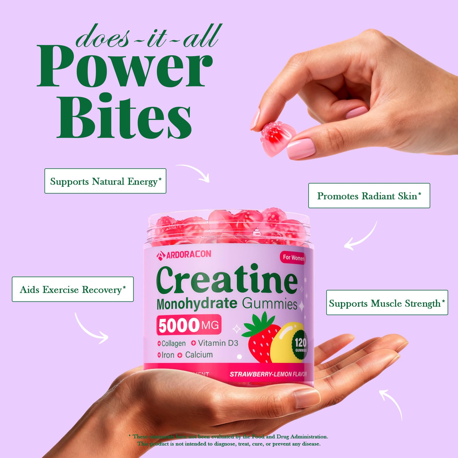 Creatine for Women, Creatine Monohydrate Gummies with Collagen, Vitamin D3 & Calcium, Flavored Sugar Free Creatine Gummies Post & Pre Workout Supplements (Pack of 2) — Amazon image 3